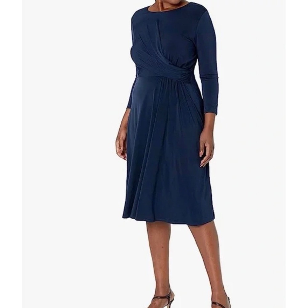 London Times Navy Blue Midi Dress with Draped Waist